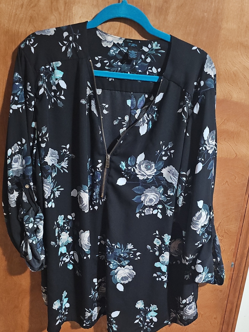 Rue21 Black Floral Zip-Front Tunic with Blue Accents